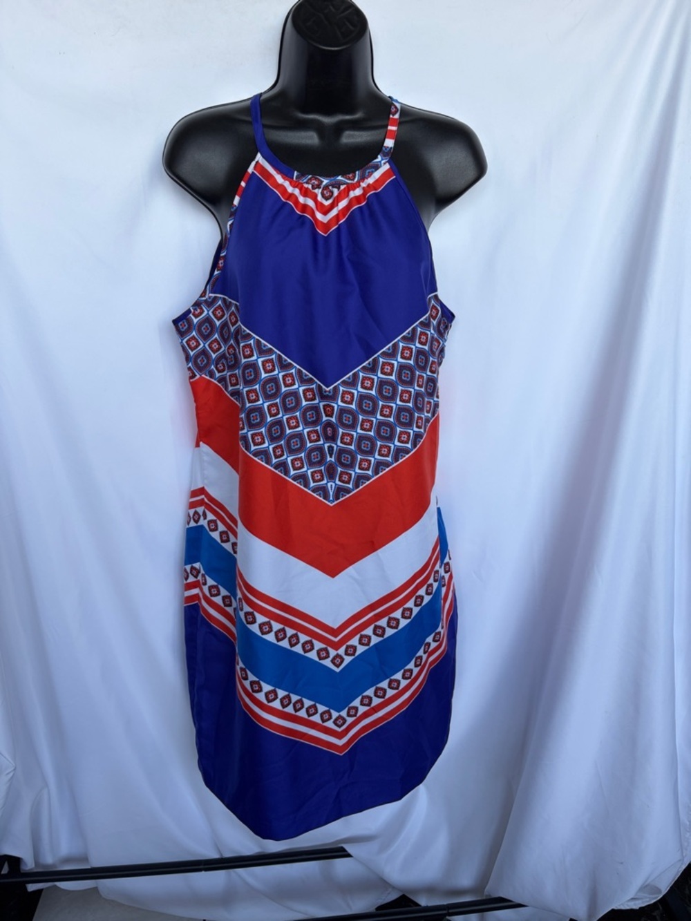 BANANA REPUBLIC Chevron Shift Dress, blue & orange, sz 10, 19” PTP, 37” L